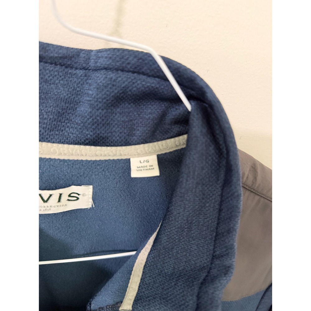 Orvis Men's Fleece Jacket Blue Gray Large Full Zip Mock Collar Colorblock Panel